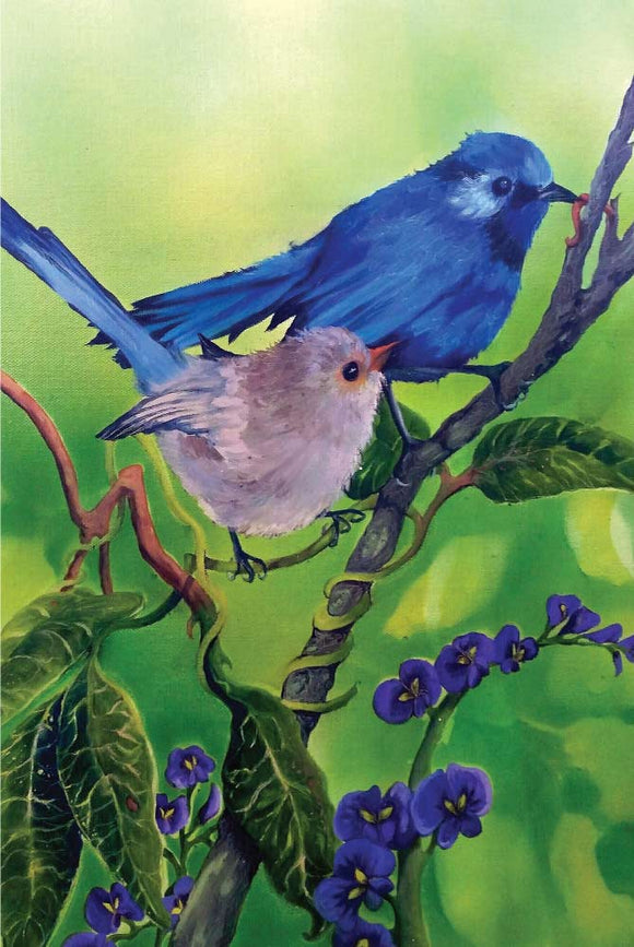 Greeting Card - Blue Wrens on Hovea